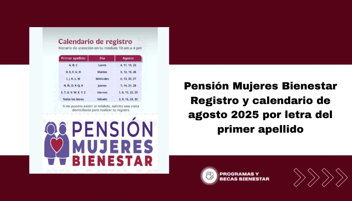 Pensión Mujeres Bienestar Registro y calendario de agosto 2025 por letra del primer apellido